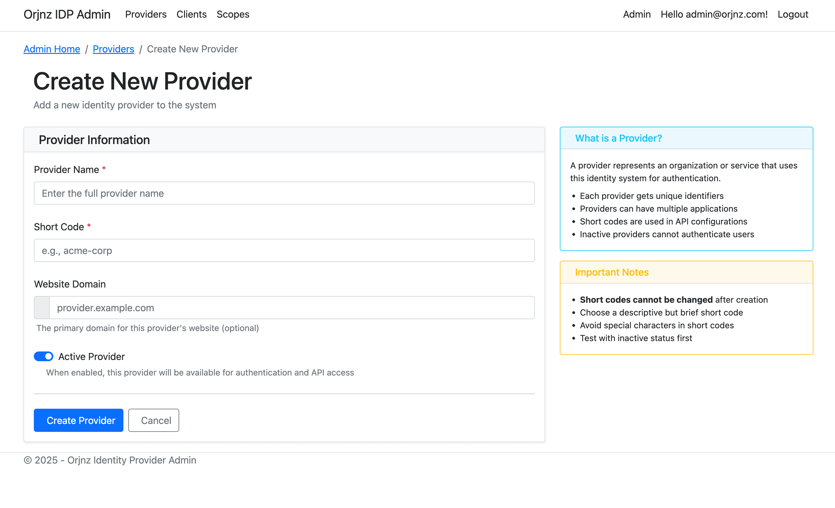 Main Admin dashboard showing registered Scopes.