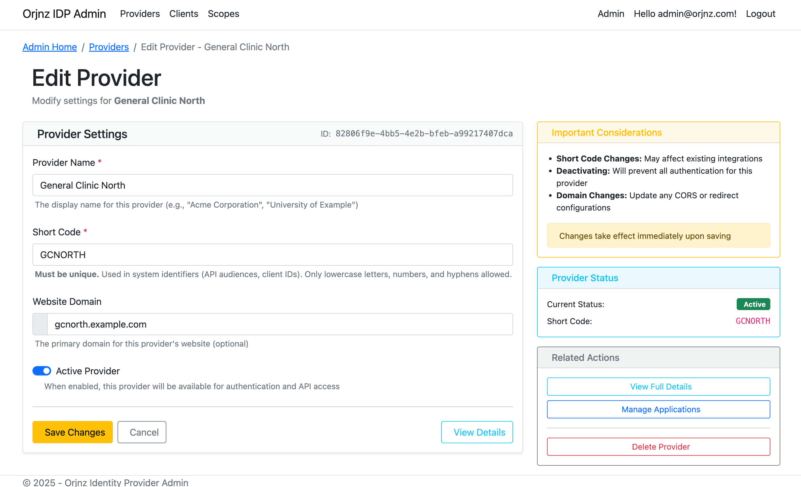 Main Admin dashboard showing registered Scopes.