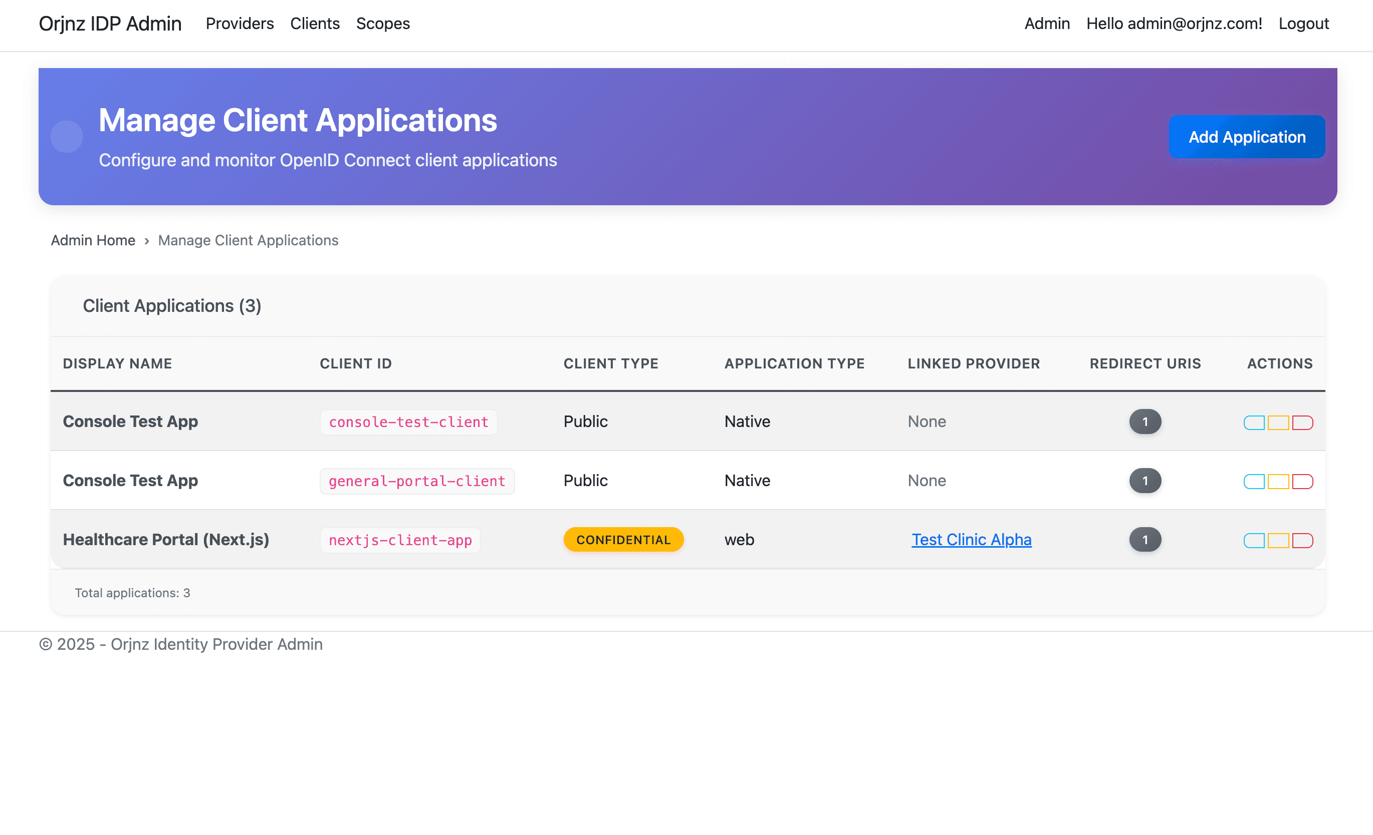 Main dashboard showing registered Clients.